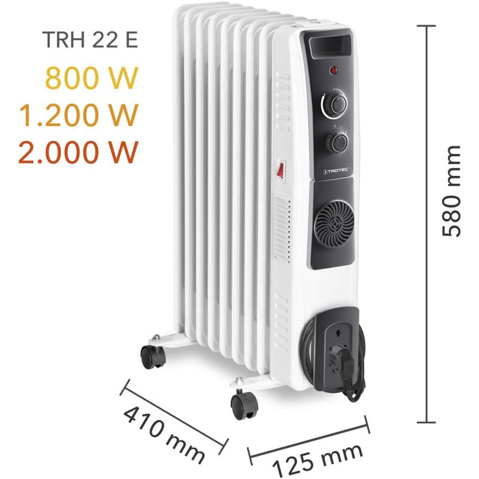 Електричний обігрівач Trotec TRH 20 E – 3 режими потужності (800/1200/2000 Вт), 9 ребер, для приміщень до 25 м²