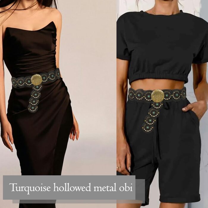 Жіночий ремінь TOFBS в стилі бохо, колір бірюзовий, металевий, широкий, регульований, для джинсів та суконь (Чорний)