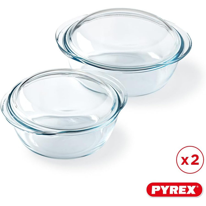 Набір Pyrex 4-в-1: 2 жаростійкі каструлі 1,6 л і 2,3 л, боросилікатне скло, для духовки, мікрохвильовки, пароварки, посудомийки