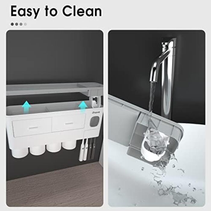 iHave Toothbrush Holder Wall Mounted, 4 Cup Toothbrush Holder with Toothpaste Dispenser - Tray with Large Capacity, 2 Cosmetic Drawers - Bathroom Organizer Storage, White
