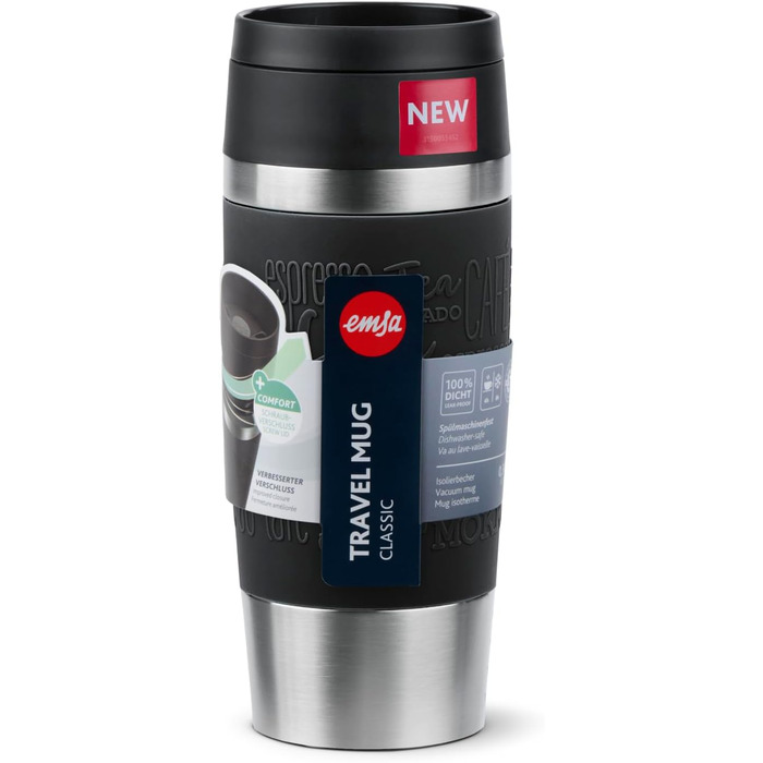 Термокружка Emsa N20202 Travel Mug Classic, 0.36 л, нержавіюча сталь, чорна | Зручний гвинтовий закриття, 4 год гаряче та 8 год холодне, 100% герметична, для миття в посудомийній машині, 360° отвір для пиття