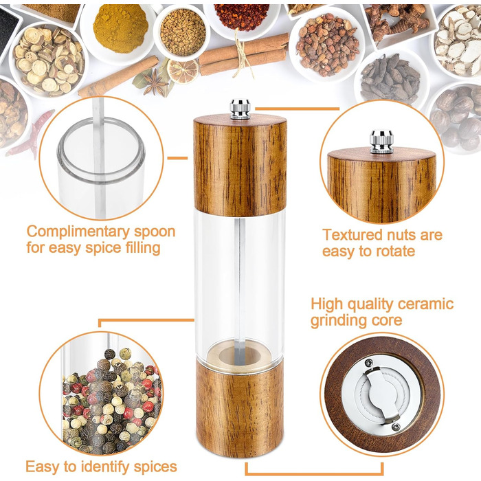 Salt and Pepper Grinder Set of 2, Manual Spice Grinder including Coaster, Cleaning Brush, Spoon (21.5 cm) - Wooden Salt Mill with Adjustable Ceramic Grinder for Spices Pepper Salt