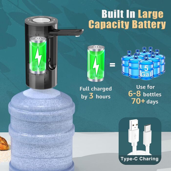 Електрична USB помпа для води YISH, портативна, складна, для бутлів 5 галонів, акумуляторна, для дому, офісу, кухні, кемпінгу
