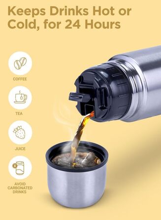 Термос Milton Thermosteel Flip Lid 1000 мл з подвійними стінками, вакуумна ізоляція, нержавіюча сталь, без BPA, з кришкою-фліпом, срібний | 1 літр, 24 години зберігання тепла та холоду