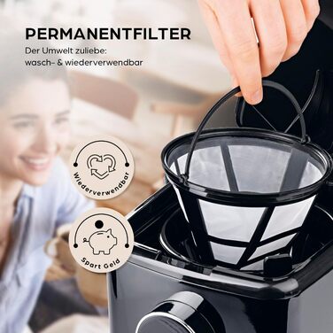 Кавомашина Barista Filterkaffeemaschine з регульованим м'яльним жорном та термокружка | Функція підігріву, таймер 24 години та постійний фільтр | Для 10 чашок кави | Кавомашина для зерен та меленої кави [Нержавіюча сталь] (10) Чорний колір - скляна колба 