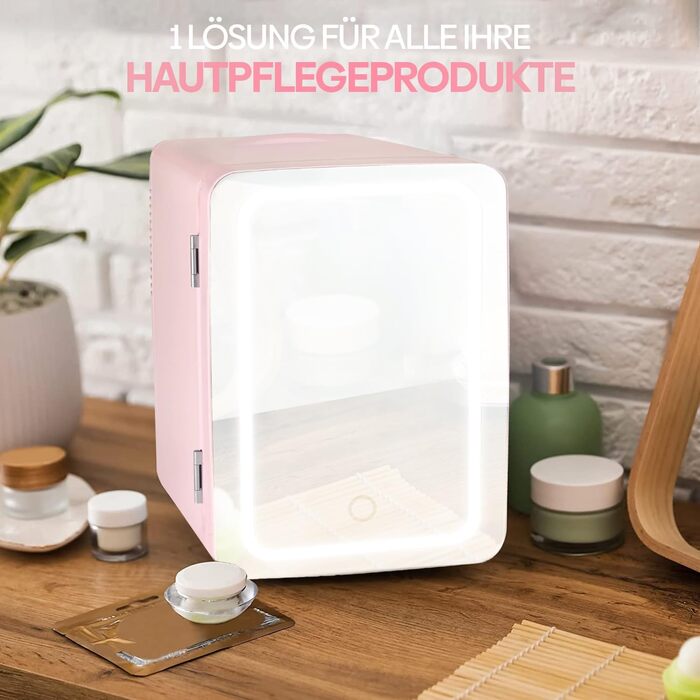 Olvy Skincare Fridge - 4 Liter Mini Fridge with LED Mirror - Portable Beauty Fridge, Cooling & Heating for Room Use (Pink)
