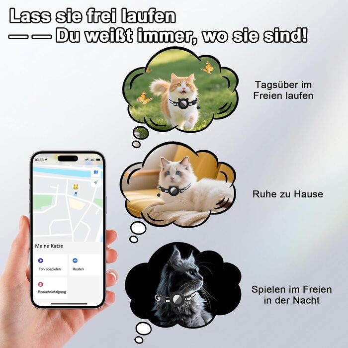 Нашийник для кота Robofun з GPS трекером, світловідбиваючий, регульований, чорний (сумісний з Airtag, iOS)