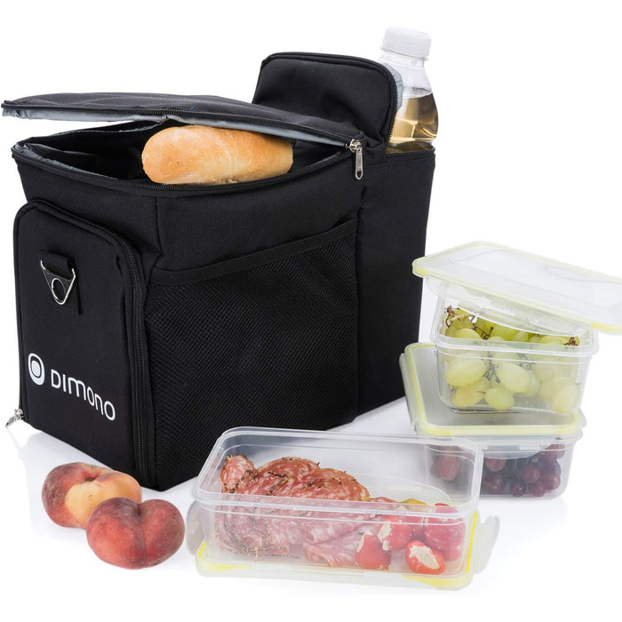 Сумка-холодильник Dimono® 15L з 3 контейнерами для їжі; пікнікова сумка з 3 ланчбоксами + кришка; сумка для обіду Isotasche з 3 боксами та охолоджувальним акумулятором (чорна)