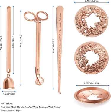 DORAFO Candle Accessory Set, 5-in-1 Stainless Steel Candle Care Set, including Candle Snuffer, Wick Trimmer, Wick Spoon, and 2 Lid Candle Holders with Gift Package (Rose Gold)