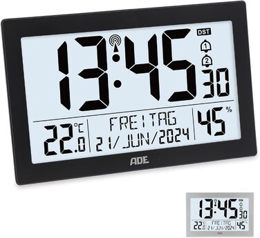 Digital Radio Clock with Large XL Display | Calendar | with Temperature Display & Hygrometer | Wall Clock | Radio Alarm Clock with 2 Alarm Times and Snooze Function | black