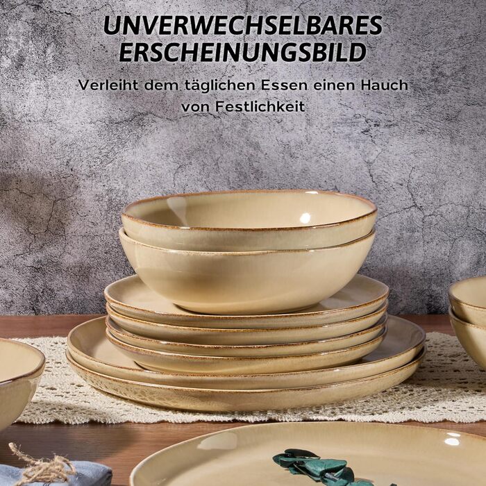 Набір посуду Joyfair на 6 осіб, 18 предметів, з каменю, тарілки, миски, для мікрохвильовки та посудомийної машини, реактивний пісковий хакі