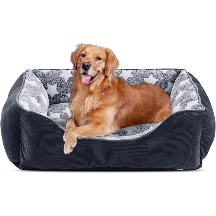 FURTIME Dog Bed - Medium Dogs, Dog Basket, Washable Dog Basket, Non-Slip Dog Beds, Fluffy Dog Mattress with Raised Edges, Soft Dog Sofa for Dogs Cat L(76x61x23cm) Black/Stars
