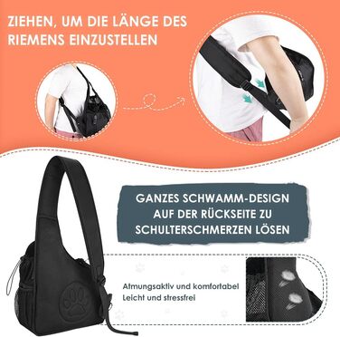 Dog-friendly sling carriers, hands-free travel bag for small pets with adjustable straps, hardboard base, safety belt, for dogs up to 2.8kg, wider version (L (For pets under 5.5kg), Black)