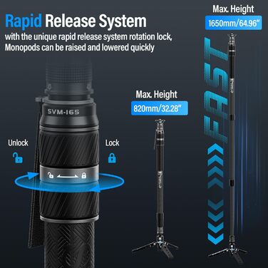 Штатив-монопод SIRUI SVM-165 з вуглецевого волокна | 165 см, професійний, 3-в-1, вантажопідйомність 10 кг, швидка заміна, для DSLR та відео