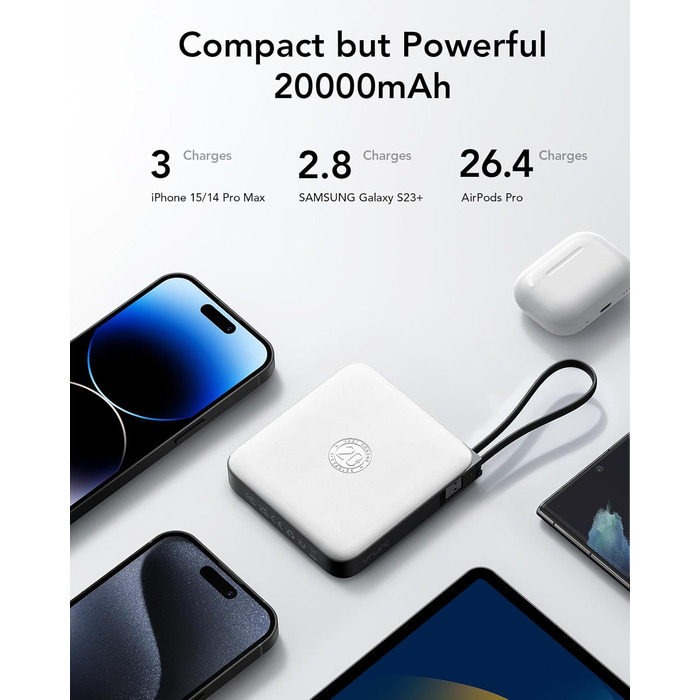 Power Bank VRURC 20000mAh з кабелем USB-C 22.5W QC3.0 – портативний акумулятор для iPhone, Huawei та смартфонів (білий)