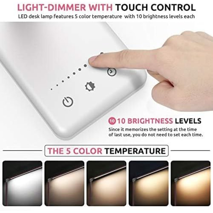 LED лампа настільна дитяча регульована рожева з акумулятором 2500mAh, 5 кольорів, 10 рівнів яскравості, сенсорне управління, складана