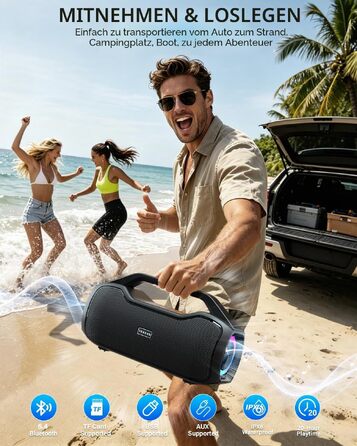 Bluetooth колонка портативна 120W з басами, водонепроникна IP65, підтримка DSP/TWS/AUX/TF/BT5.4, для вечірок та пляжу (Чорна)