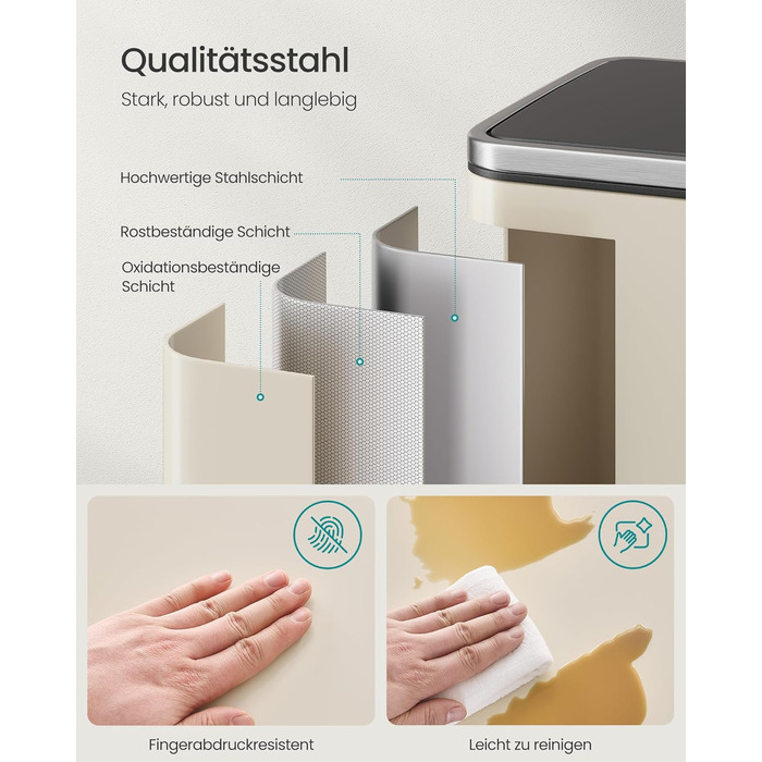 Відро для сміття SONGMICS 50 л, нержавіюча сталь, знімний внутрішній відро, Soft-Close, з кришкою та ручками, кремовий (LTB595E01)