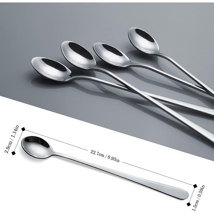 Набір ложок для лате AOOSY, 8 шт., 22.7 см, нержавіюча сталь, з довгими ручками, для кави, коктейлів, десертів та морозива