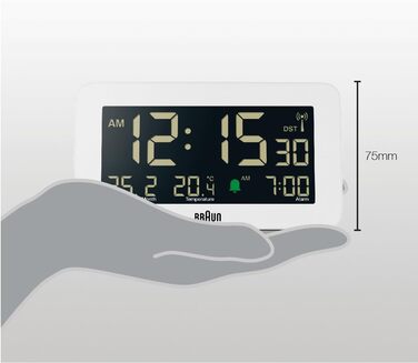 Braun Funk-Digitalwecker for the Central European Time Zone (DCF) with date, month, and temperature display, negative LCD display, and white alarm tone, Model BC10W-DCF.
