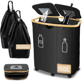 Deposit bottle collection container with lid & 2 removable carrying bags, large deposit bottle storage, container for empties & glass recycling, kitchen pantry bottle bag (150L)