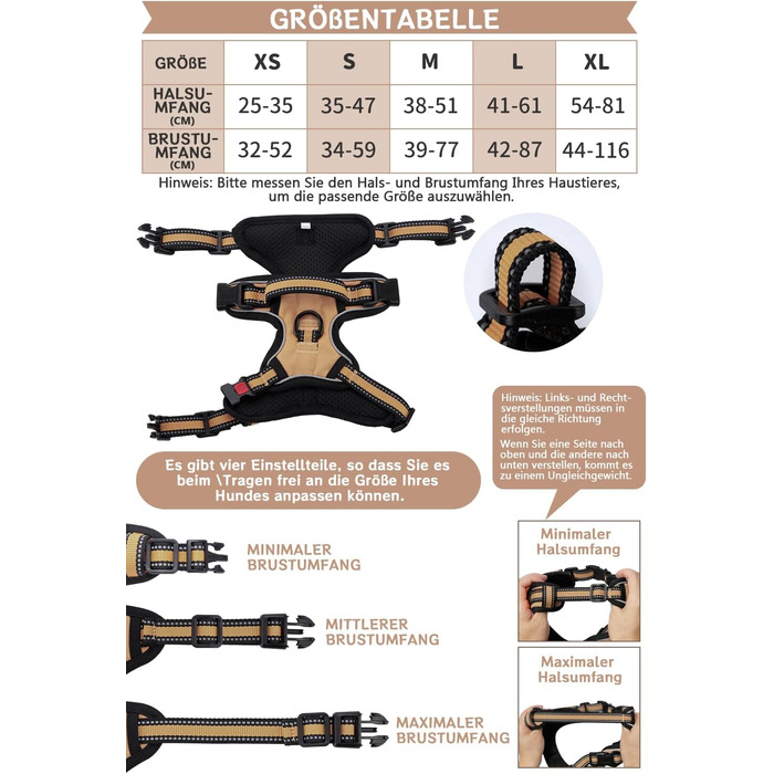 Нашийник для собак BaoCheng Anti Pull, протирвучий, малий/середній/великий, дихаюча сітка, зручне одягання/роздягання, 3 пряжки, безпечний, знімає напругу, світловідбиваючий (Хакі, S)