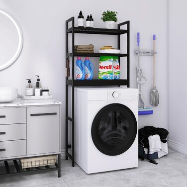 SMIBUY Toilet Shelf, Bamboo Toilet Rack, Adjustable Washing Machine Shelf, Bathroom Shelf with 3 Storage Layers, Space-Saving, Easy to Assemble (Black)