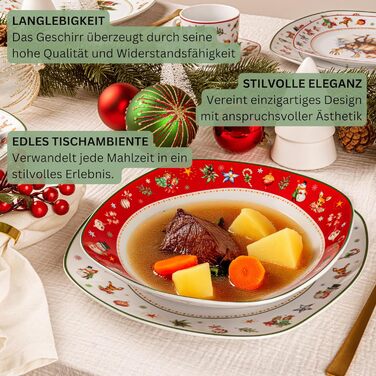 SÄNGER Tafelservice Bilgola: 18-Piece White Dish Set for 6 - Premium Porcelain Dinnerware Set with Soup, Dessert & Dinner Plates | Christmas Design