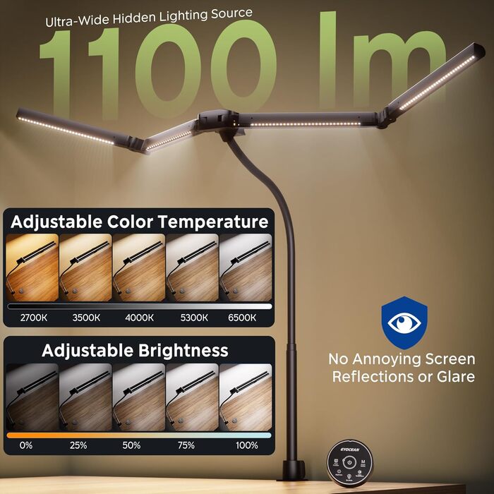 Лампа настільна EYOCEAN з 4 джерелами світла, 24W, 100 см, денне світло, з пультом, регулювання яскравості, LED, для офісу, з лебединою шиєю, захист очей, чорна матова