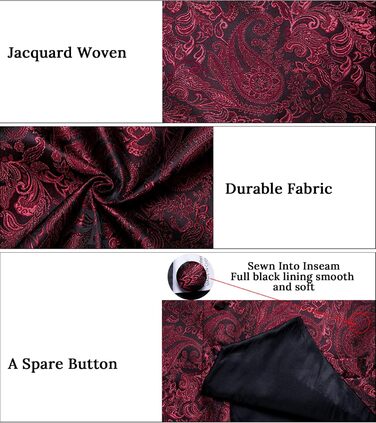 Набір DiBanGu для чоловіків: шовкова жилетка та краватка з візерунком Paisey, бант, формальна жилетка для весілля, вечірки, 6 шт. (L, Бордовий)