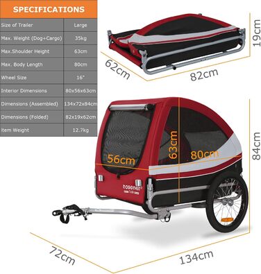 DOGGYHUT® Tobi - великий велопричіп для собак, до 35 кг, червоний