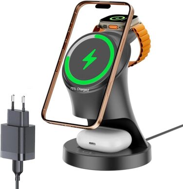 3-в-1 Зарядний пристрій MagSafe: бездротова зарядка для iPhone та Apple Watch, AirPods. Чорний