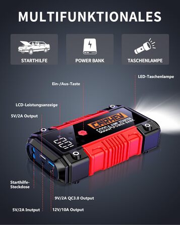 Портативний пусковий блок StarThilfe Powerbank для автомобіля, 6000A, 12V, для бензинових та дизельних двигунів до 10L, з LED ліхтариком