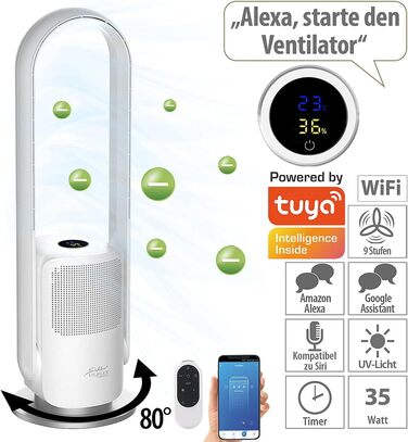 Sichler Household Appliances Tower Fan: Cordless 2-in-1 360° Fan & Air Purifier, Wi-Fi, App Control, HEPA, 35W (Tower Fan with Air Purifier, Fan with Timer, Ceiling Fan)