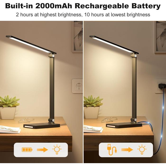TOPPLEE LED Desk Lamp - Dimmable Table Lamp with Rechargeable Battery, 5 Colors & 10 Brightness Levels, USB Charging Port, Office Lamp for Kids & Home, Black