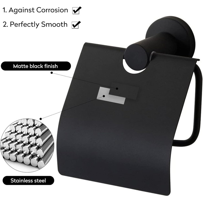 CASEWIND Toilet Paper Holder Black, Toilet Roll Holder with Lid, Antique Toilet Paper Holder with Drill Wall Mount Stainless Steel Matte for WC Nostalgia