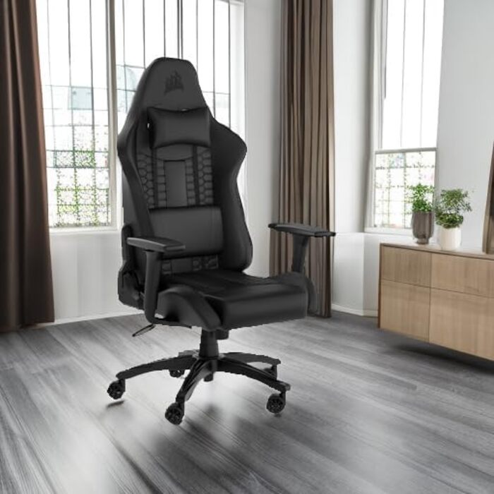 Ігрове крісло Corsair TC100 Relaxed з екошкіри, чорне, ергономічне, регульовані підлокітники, подушка для попереку та знімна подушка з піни пам’яті, стиль автоспорту