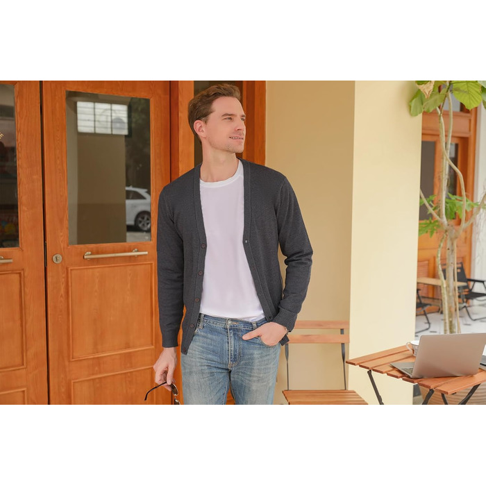 iClosa Кардиган чоловічий з V-подібним вирізом, легкий, в'язаний, з ґудзиками, темно-сірий, розмір L