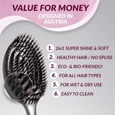 Щітка для волосся marQus Bio з щетиною дикого кабана без заплутування - розпушувач з подвійною спіральною пружиною - професійна щітка для розчісування волосся для будь-якого типу волосся, екологічний матеріал - для мокрого та сухого волосся, для блиску та