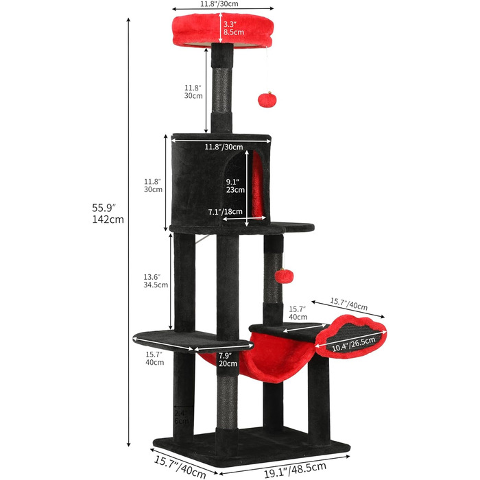Котячий комплекс YITAHOME XXL, 142 см, з 8 стовпчиками сизалю, 3 платформами, 2 хованками, гамаком, іграшками, чорно-червоний