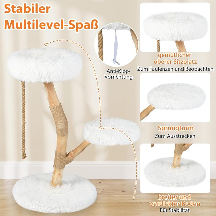 Дерев'яний кігтеточки для котів COSTWAY 90 см, 3-ярусний, з плюшем, джутовим мотузком, білий + натуральний колір