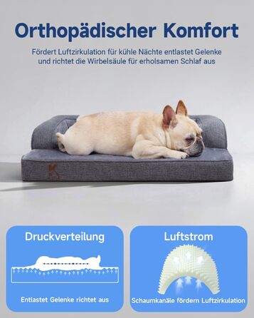 Ортопедичне ліжко для собак KSIIA, великі породи, кошик для собак, знімний та пральний чохол, водонепроникне ліжко для собак з бортиком, неслизьке дно, темно-сірий, 88x55x15 см
