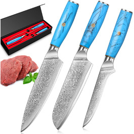 Ніж Kiritsuke Kochmesser Damast від Home Safety: професійний кухонний ніж з лезом 18.8 см з 67 шарів VG-10 Damaststahl, ергономічна ручка з натуральної смоли, подарункова коробка (3 шт)
