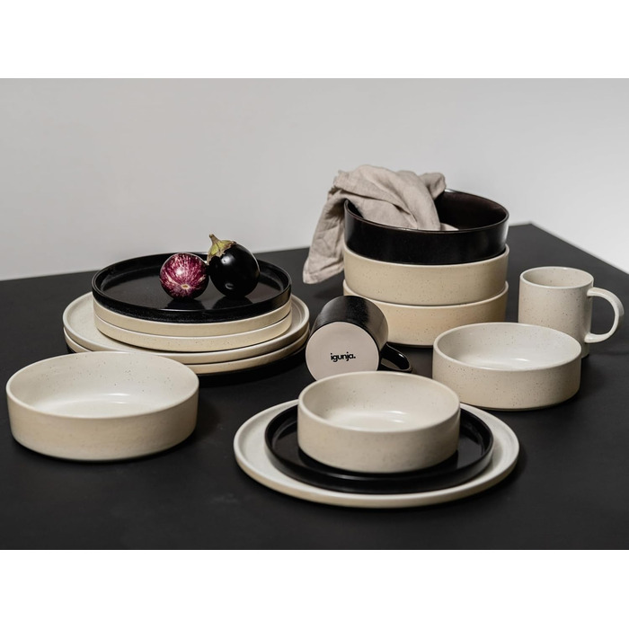 Igunga Stoneware Dinnerware Set - 12 Piece Service for 4 | Reactive Glaze, Matte Black & Glossy Interior Bowls | Premium Handcrafted Tableware