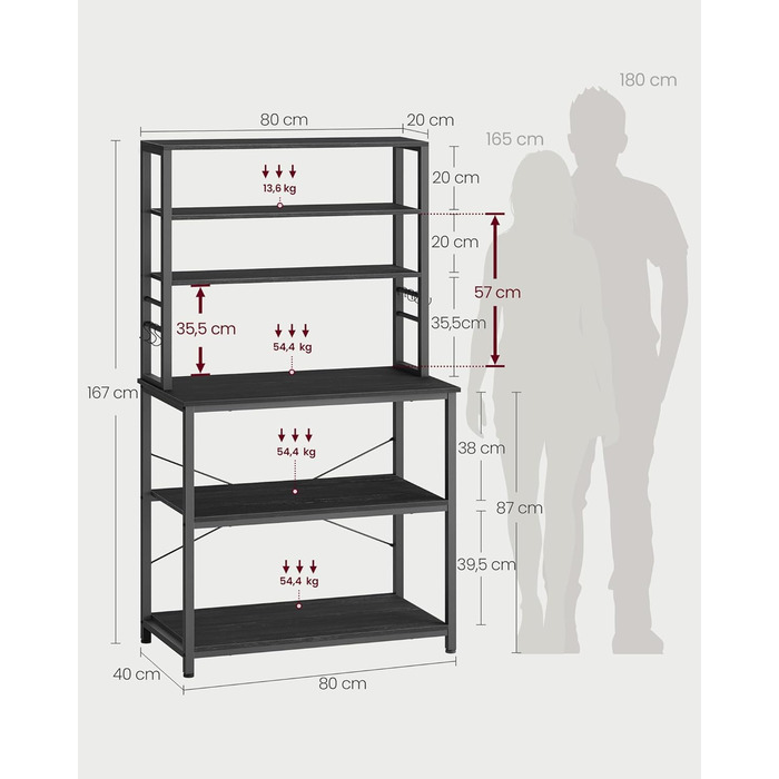 Стелаж кухонний VASAGLE, 6 полиць, гачки, сталевий каркас, 40 x 60 x 167 см, колір горіх + білий