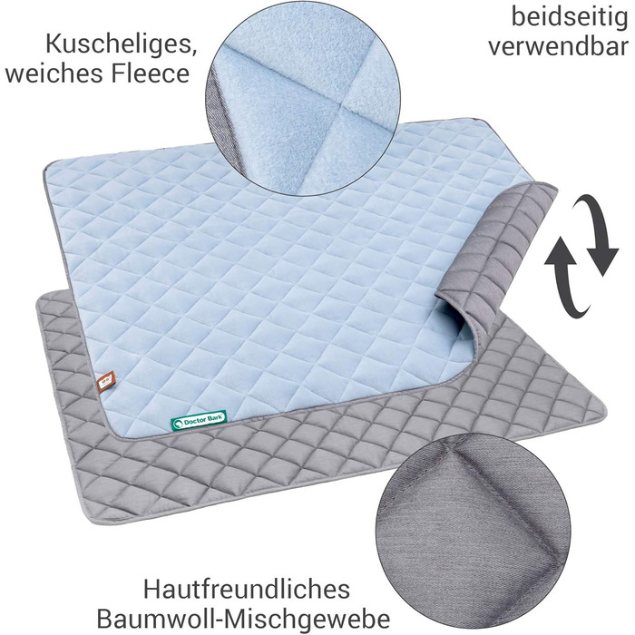 Підстилка для собак Doctor Bark: флісова двостороння, велика, 140x110 см (Beige/Grün, Himmelblau/Hellgrau). Миється до 95°C.