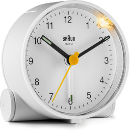 Braun Classic analog alarm clock with snooze function and light, quiet quartz movement, crescendo alarm in white, model BC01W.