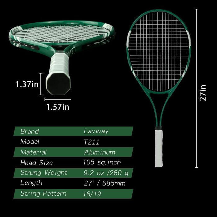 Beginner Tennis Racquet Set for 2 Players - Pre-Strung 27 Inch Adult Racquets with Balls, Overgrips & Carry Bag