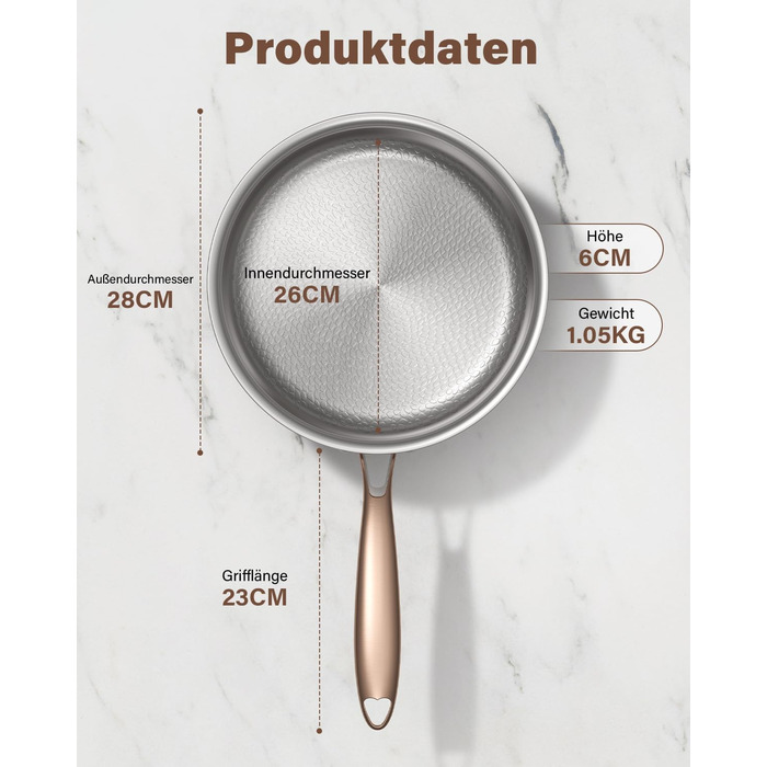 Пательня сталева 28 см Titan, не покрита, індукційна, з ручкою з рожевого золота, 18/10, для всіх типів плит та посудомийки, без PTFE/PFOA