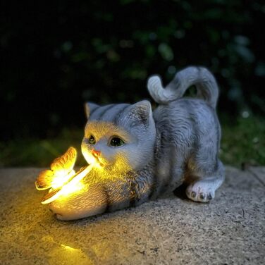 Cat Figurine Garden Decor Cat Garden Decoration Butterflies Solar Lights for Outdoors Balcony Garden Decoration Courtyard Layout Cute Cat Top Butterfly Ornaments Resin Solar Lights (gray)